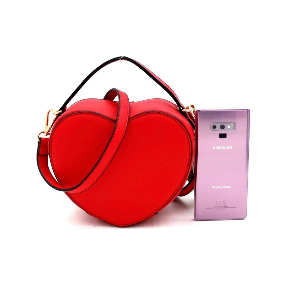 RED Heart Shape Girls Womens Vegan Leather Small Handle Satchel Crossbody Purse